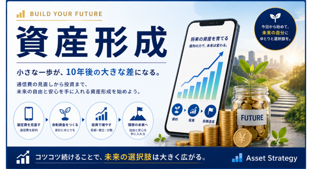 資産形成をテーマにしたカテゴリー画像。スマートフォンの上昇チャート、積み上がるコイン、成長する植物を配置し、通信費節約から投資を通じて将来の資産を育てる流れを表現。