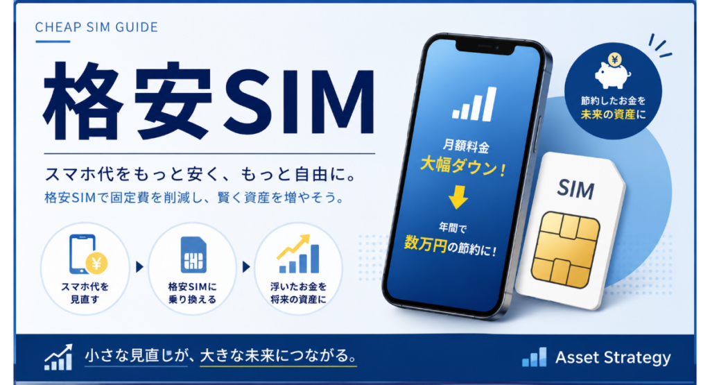 格安SIMをテーマにしたカテゴリー画像。スマートフォンとSIMカードを中心に、通信費の節約と資産形成につながる固定費削減のメリットを表現。