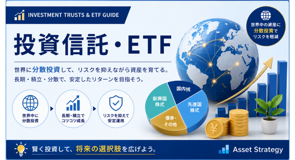 投資信託・ETFをテーマにしたカテゴリー画像。世界地図、分散投資グラフ、上昇チャート、コインを配置し、長期・積立・分散投資による資産形成を表現。