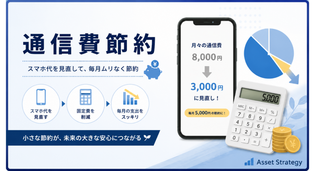 通信費節約をテーマにしたカテゴリー画像。iPhone、電卓、節約グラフを使い、スマホ代の見直しによる固定費削減と資産形成の第一歩を表現。