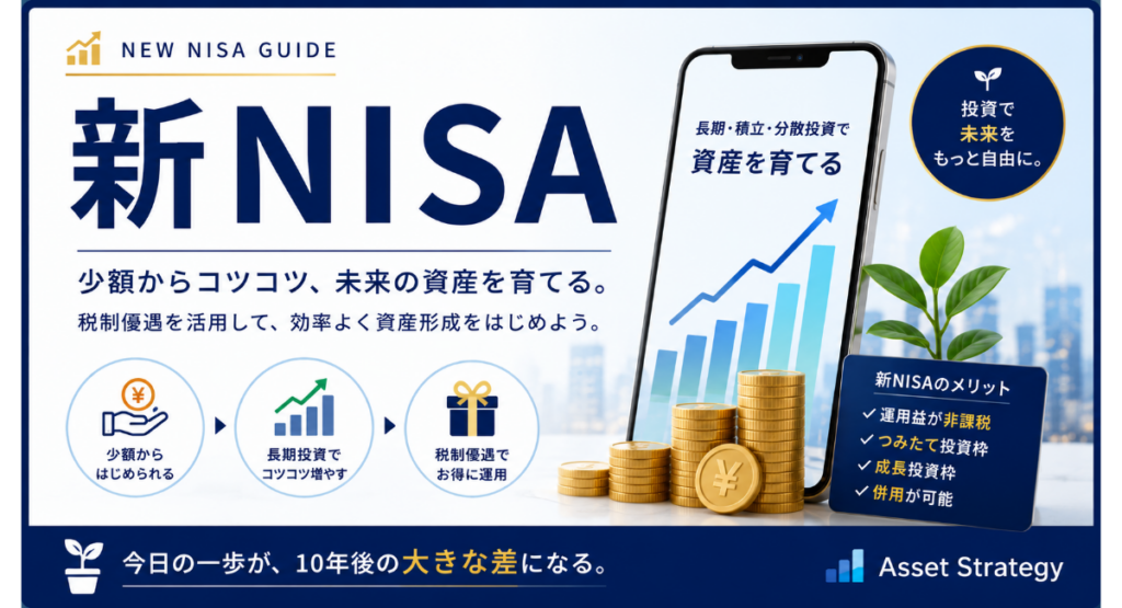 新NISAをテーマにしたカテゴリー画像。スマートフォンの上昇チャート、積み上がるコイン、成長する植物を配置し、長期・積立・分散投資による資産形成を表現。