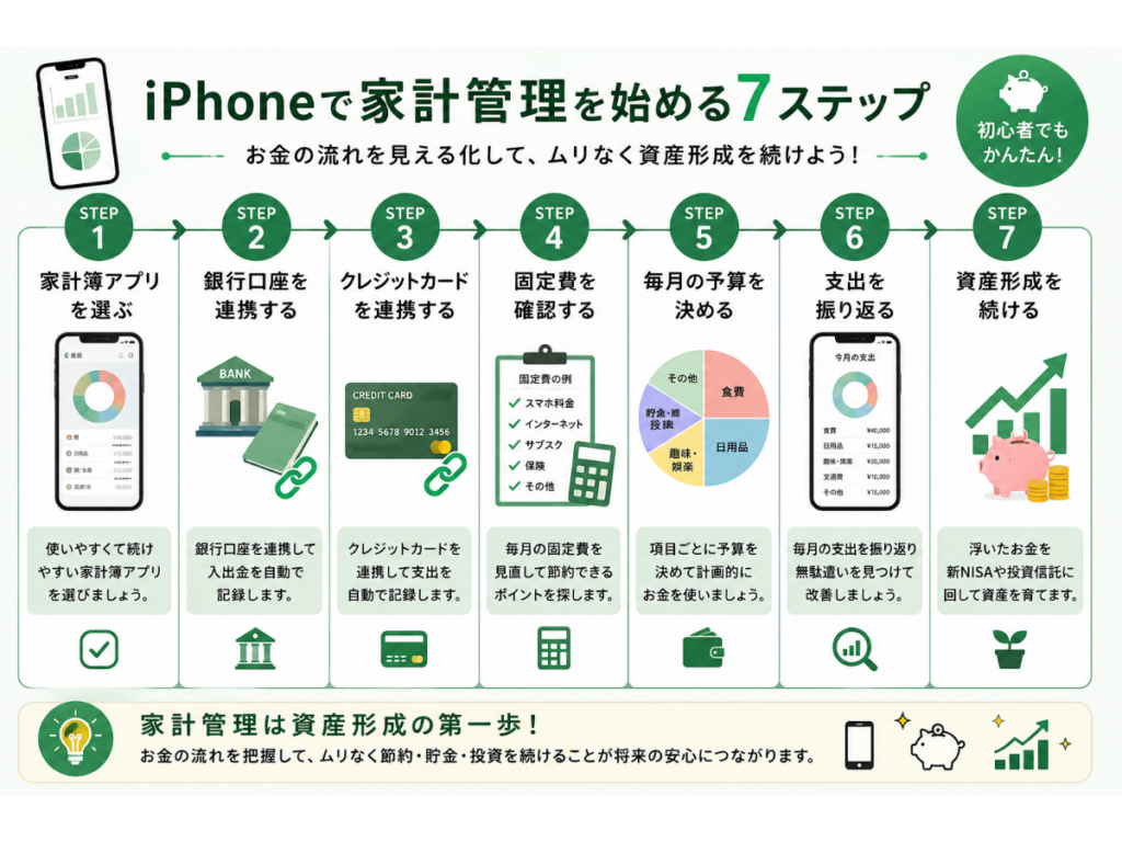 「iPhone資産形成ガイド」シリーズ第6回『iPhoneで家計管理を始める方法』の家計管理7ステップ全体図。家計簿アプリの選び方から銀行口座・クレジットカードの連携、固定費の見直し、毎月の予算設定、支出の振り返り、資産形成の継続まで、iPhoneだけで始められる家計管理の流れを初心者向けに7つのステップでわかりやすく解説した2026年版のインフォグラフィック。