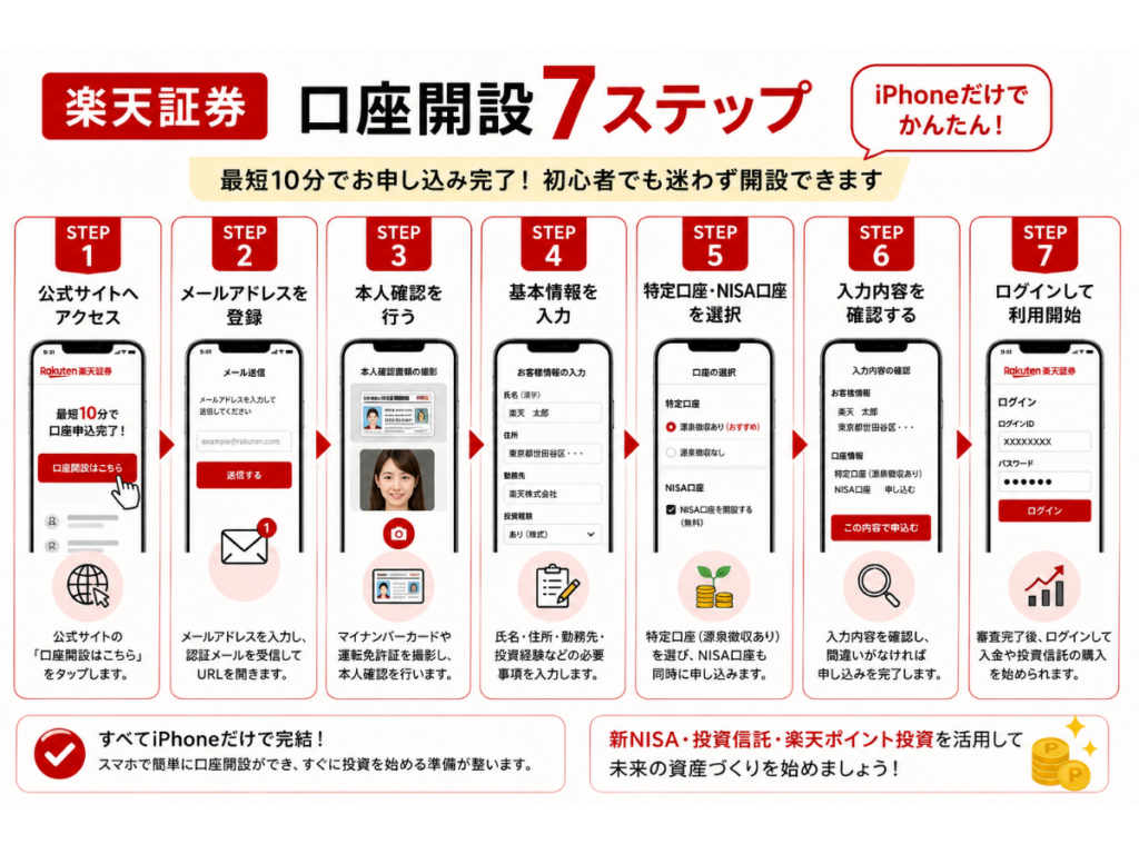 「iPhone資産形成ガイド」シリーズ第5回『iPhoneで楽天証券を開設する方法』のSTEP1画像。楽天証券の公式サイトへアクセスし、「口座開設」ボタンから申し込みを始める手順を初心者向けにわかりやすく解説した2026年版のインフォグラフィック。