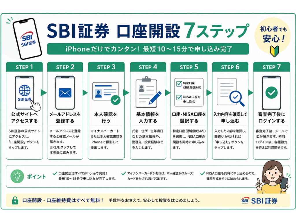 iPhoneでSBI証券の口座を開設する流れを7ステップでまとめた初心者向けの図解。公式サイトへのアクセスからメールアドレス登録、本人確認、基本情報の入力、口座・NISA口座の選択、申し込み内容の確認、ログインまでの手順をわかりやすく紹介したインフォグラフィック。