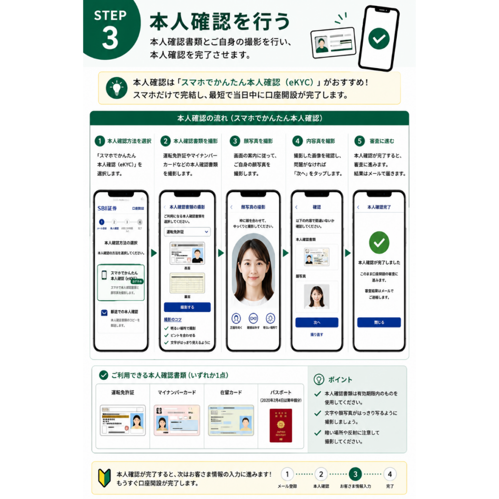 SBI証券の口座開設STEP3を解説した初心者向けの図解。iPhoneでマイナンバーカードや運転免許証などの本人確認書類を撮影し、eKYC（スマホでかんたん本人確認）で本人確認を完了する手順をわかりやすく紹介した画像。