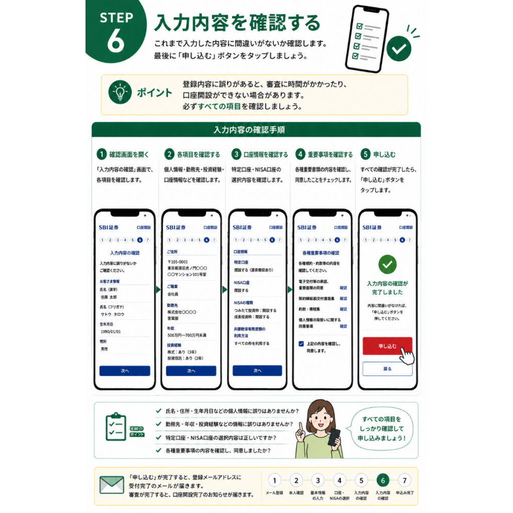 SBI証券の口座開設STEP6を解説した初心者向けの図解。iPhoneで氏名・住所・口座情報・NISA設定などの入力内容を最終確認し、内容に間違いがないことを確認して申し込みを完了する手順をわかりやすく紹介した画像。