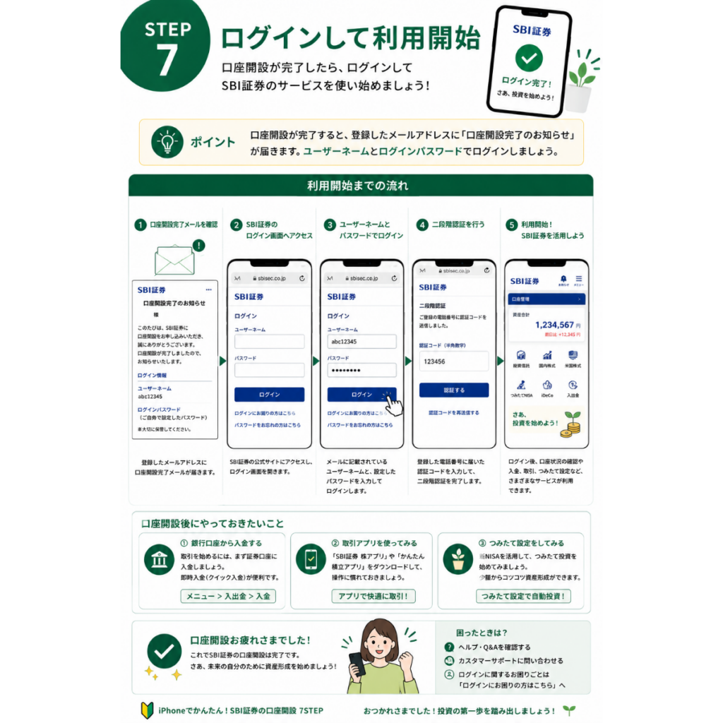 SBI証券の口座開設STEP7を解説した初心者向けの図解。iPhoneでSBI証券へログインし、口座状況の確認や入金、新NISA・投資信託の取引を始めるまでの流れをわかりやすく紹介した画像。