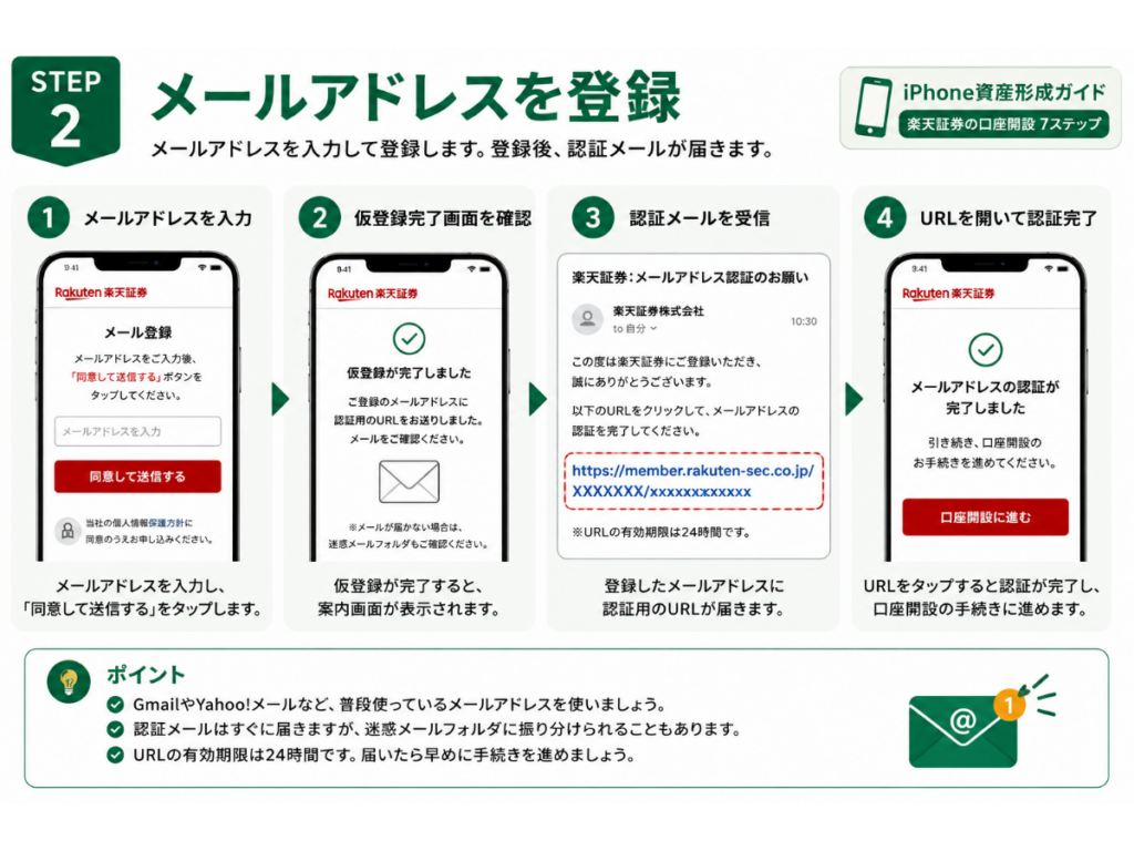 「iPhone資産形成ガイド」シリーズ第5回『iPhoneで楽天証券を開設する方法』のSTEP2画像。メールアドレスを登録し、認証メールを受信して申し込みを進める手順を初心者向けにわかりやすく解説した2026年版のインフォグラフィック。