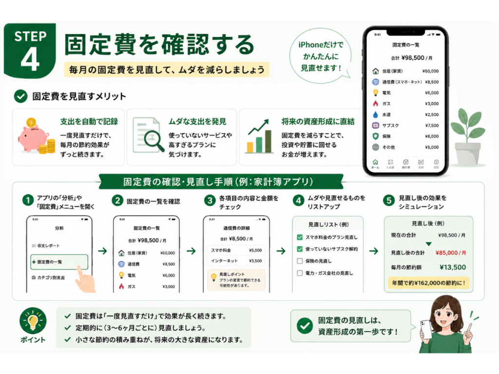 「iPhone資産形成ガイド」シリーズ第6回『iPhoneで家計管理を始める方法』のSTEP4「固定費を確認する」の解説画像。家計簿アプリを活用してスマホ料金・サブスクリプション・保険料などの固定費を見直し、毎月の支出を減らして資産形成につなげる方法を初心者向けにわかりやすく紹介した2026年版のインフォグラフィック。