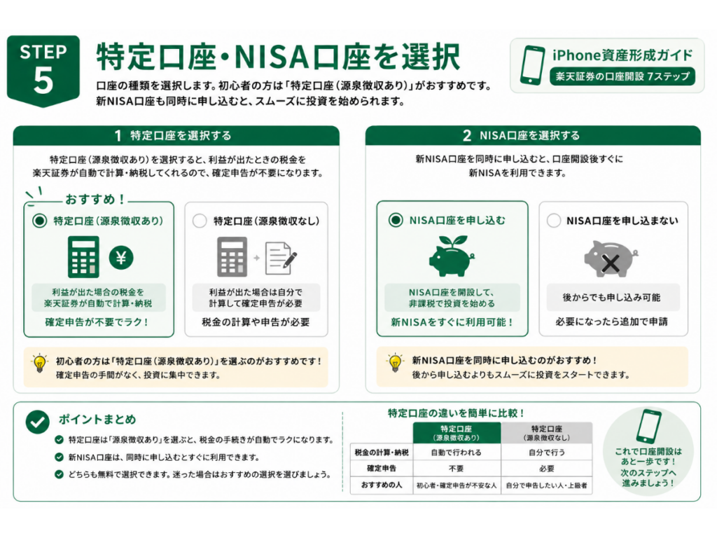 「iPhone資産形成ガイド」シリーズ第5回『iPhoneで楽天証券を開設する方法』のSTEP5画像。特定口座（源泉徴収あり）と新NISA口座を選択する手順を初心者向けにわかりやすく解説した2026年版のインフォグラフィック。