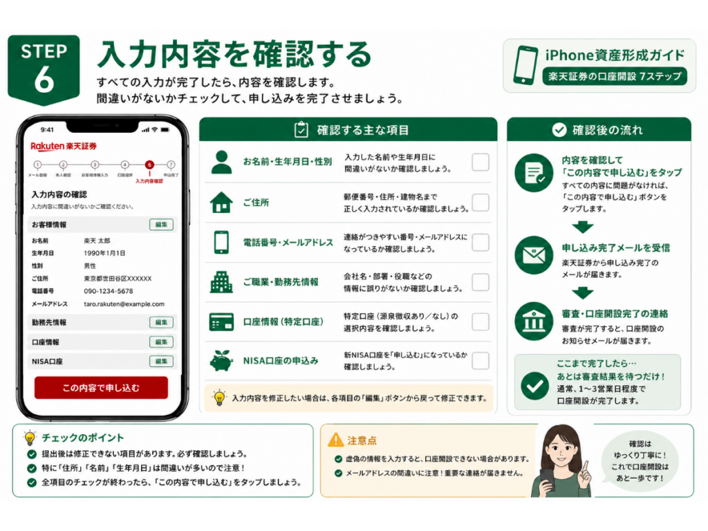 「iPhone資産形成ガイド」シリーズ第5回『iPhoneで楽天証券を開設する方法』のSTEP6画像。入力内容を確認し、申し込み前に誤りがないかチェックする手順を初心者向けにわかりやすく解説した2026年版のインフォグラフィック。