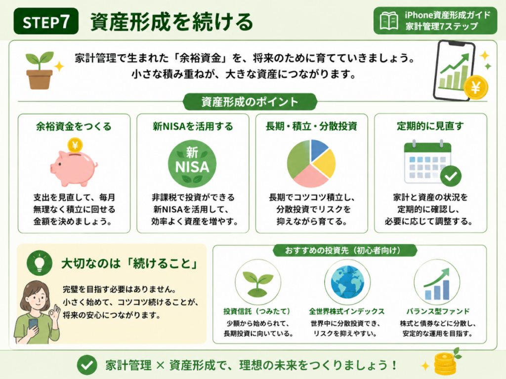 「iPhone資産形成ガイド」シリーズ第6回『iPhoneで家計管理を始める方法』のSTEP7「資産形成を続ける」の解説画像。家計管理で支出を見直し、浮いたお金を新NISAや投資信託で積み立てながら、長期的に資産を育てる方法を初心者向けにわかりやすく紹介した2026年版のインフォグラフィック。