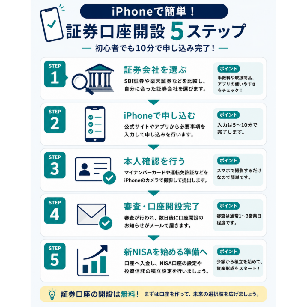 iPhoneで証券口座を開設する5つのステップを図解で解説。証券会社の選び方から申し込み、本人確認、口座開設、新NISAを始める準備までの流れを初心者向けにわかりやすくまとめた図解。