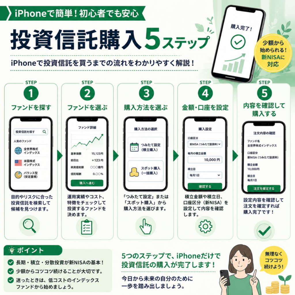 「iPhoneで新NISAを始める5つのステップを図解で解説した画像。」