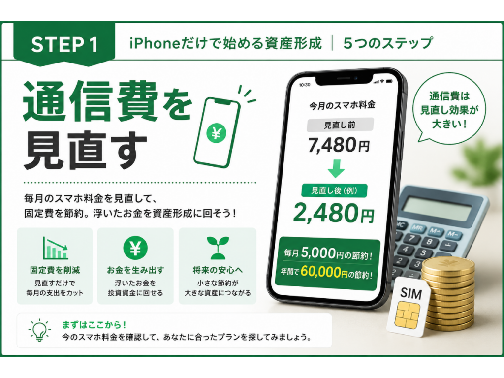 iPhoneで資産形成を始めるSTEP1。通信費を見直して毎月の固定費を節約し、浮いたお金を資産形成に回す方法を解説した図。