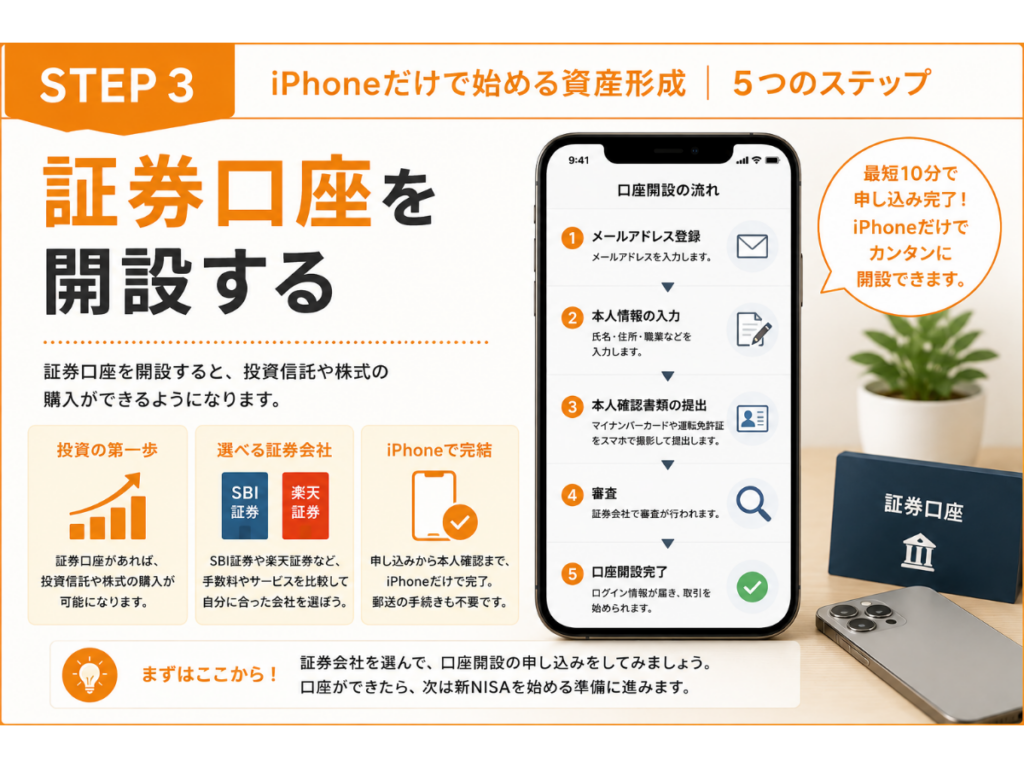 iPhoneで資産形成を始めるSTEP3。証券口座を開設して投資を始める準備を行う流れを初心者向けにまとめた図。