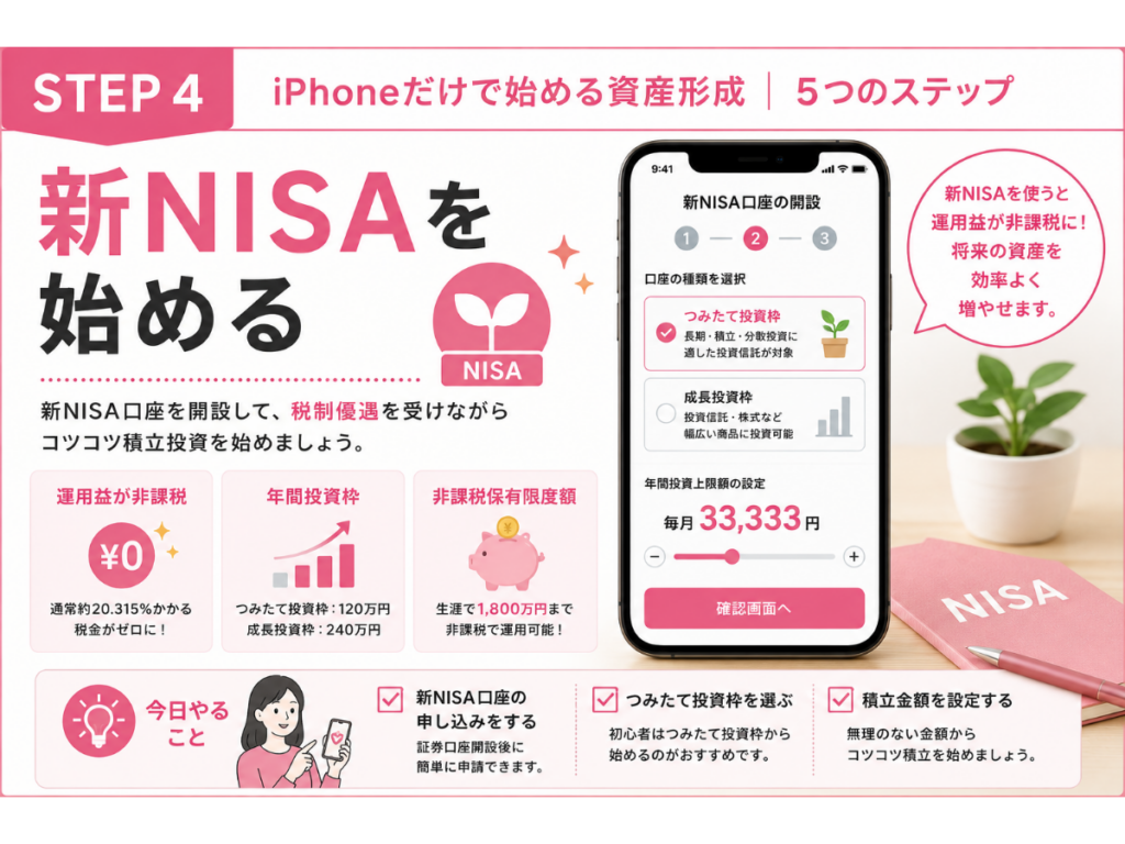 iPhoneで資産形成を始めるSTEP4。新NISA口座を利用して積立投資を始める手順をわかりやすく解説した図。