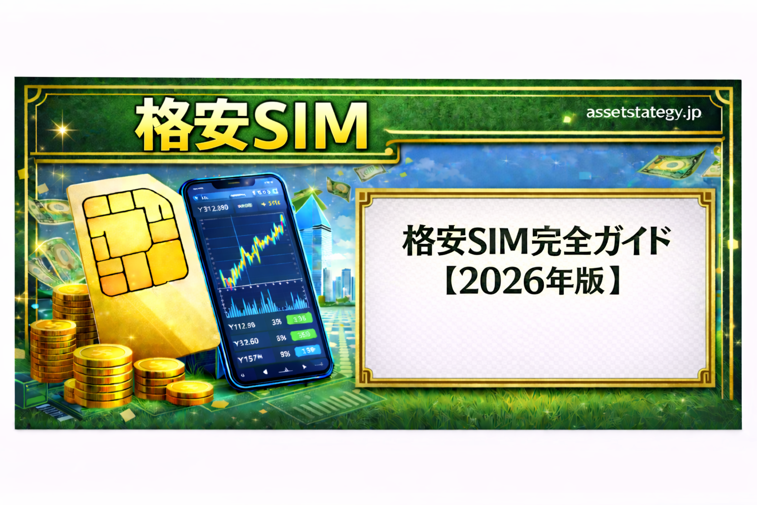 緑と金を基調にしたバナー画像。左側には金色のSIMカードと積み上がったコイン、株価チャートを表示したスマートフォンが描かれている。上部には「格安SIM」と大きく表示。右側の装飾枠のホワイトボード部分には「格安SIM完全ガイド【2026年版】」と日本語フォントで記載されている。背景には都市のビル群と光のエフェクトが広がるデザイン。