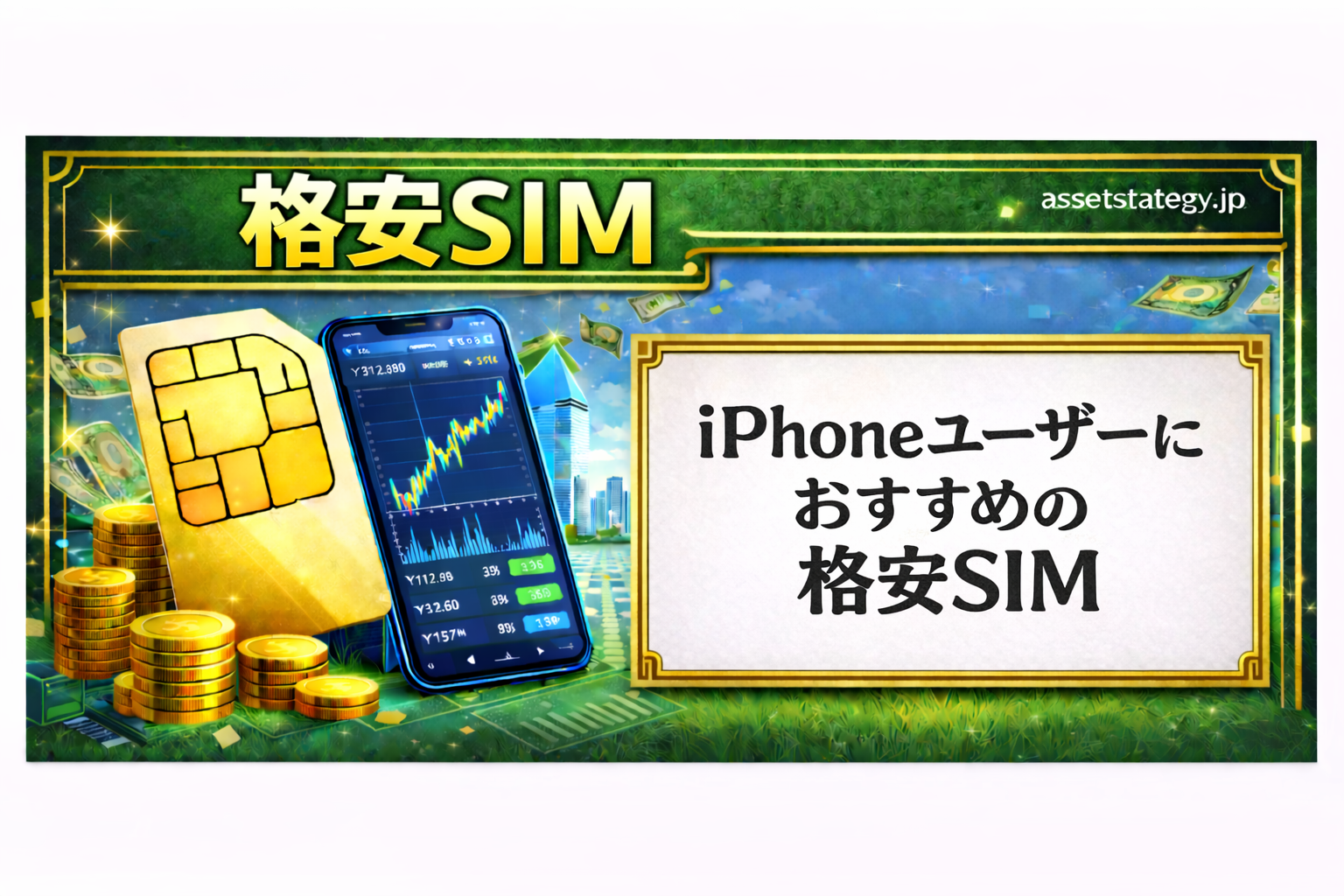 iPhoneユーザーにおすすめの格安SIMを解説した記事のアイキャッチ。スマホ代節約や通信費削減をイメージしたデザイン