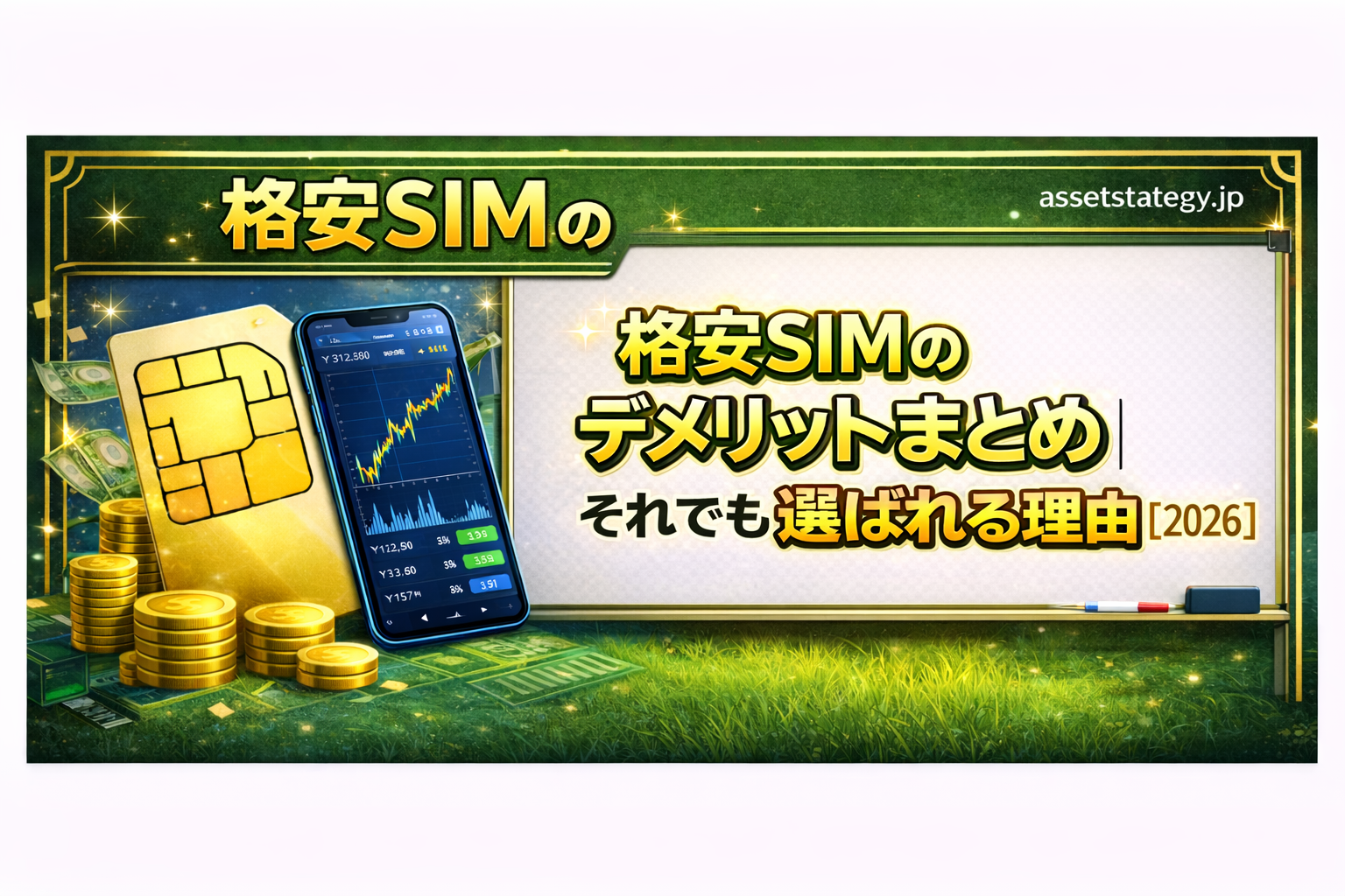 格安SIMのデメリットまとめ｜それでも選ばれる理由【2026】を解説するバナー画像。SIMカードやスマホ、コインが描かれ、通信費の節約をイメージしたデザイン。