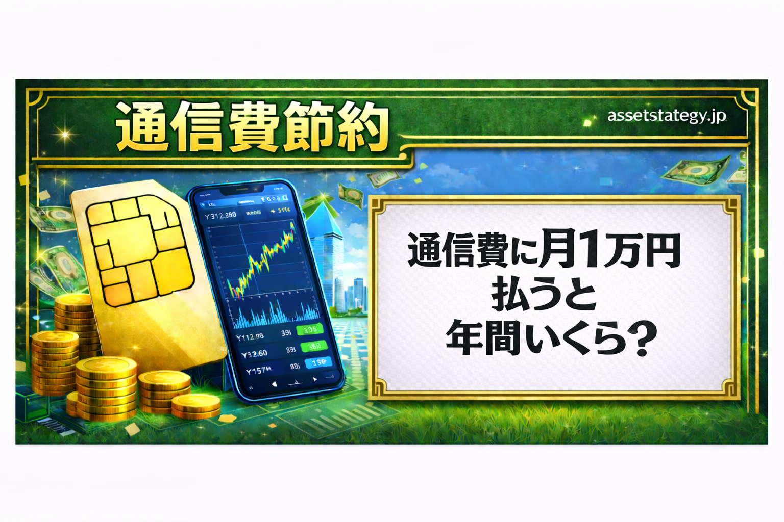 通信費に月1万円払うと年間いくらかを解説した記事のアイキャッチ。スマホ代や格安SIM、節約をイメージしたデザイン