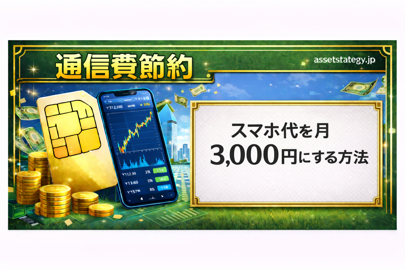 通信費節約をテーマにしたアイキャッチ画像。SIMカードとスマートフォン、コインのイラストと節約を表すデザイン。