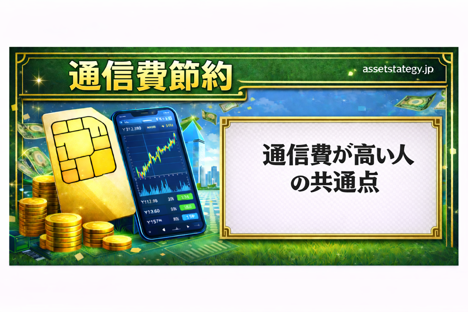通信費が高い人の共通点を解説した記事のアイキャッチ。スマホ代節約や格安SIMをイメージしたデザイン