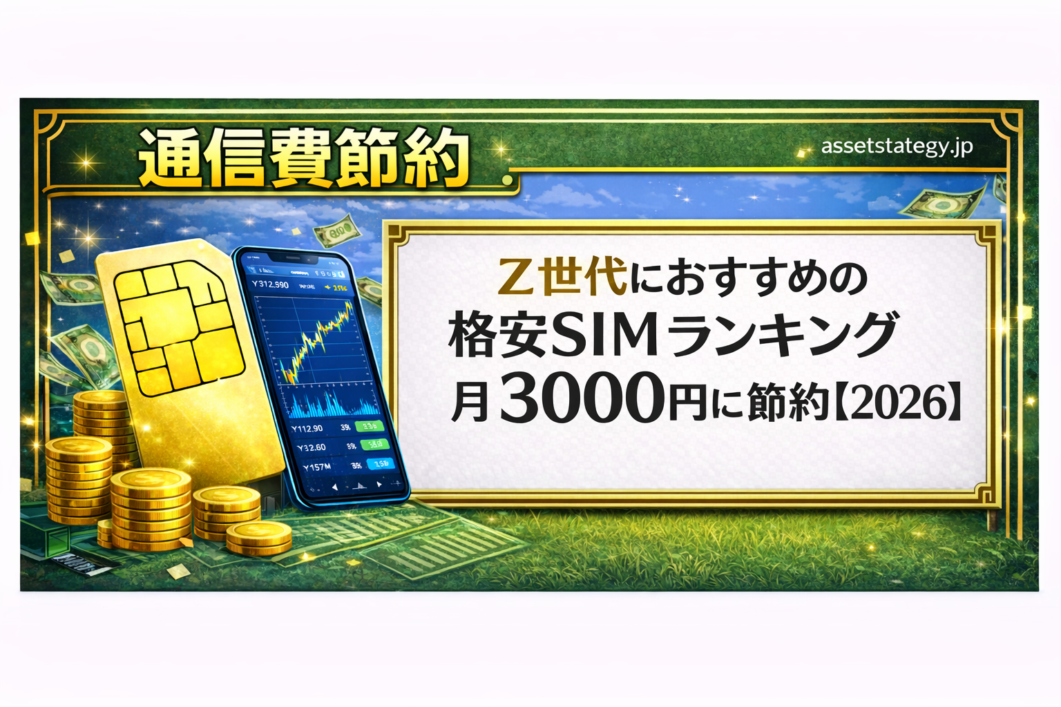 通信費節約をテーマにしたバナー画像。緑と金を基調としたデザインで、左側に金色のSIMカードとコイン、中央に株価チャートが表示されたスマートフォン、背景に都市と紙幣のイラストが描かれている。右側のホワイトボードには「スマホ代を月3000円にする方法【Z世代必見】」と強調された日本語テキストが配置されている。