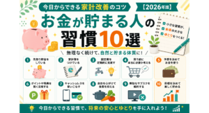 お金が貯まる人に共通する10の習慣を紹介する2026年版の記事アイキャッチ画像。先取り貯金、家計簿の活用、固定費の見直し、キャッシュレス決済、自炊など、家計改善につながる具体的な行動をイラスト付きでわかりやすく表現している。