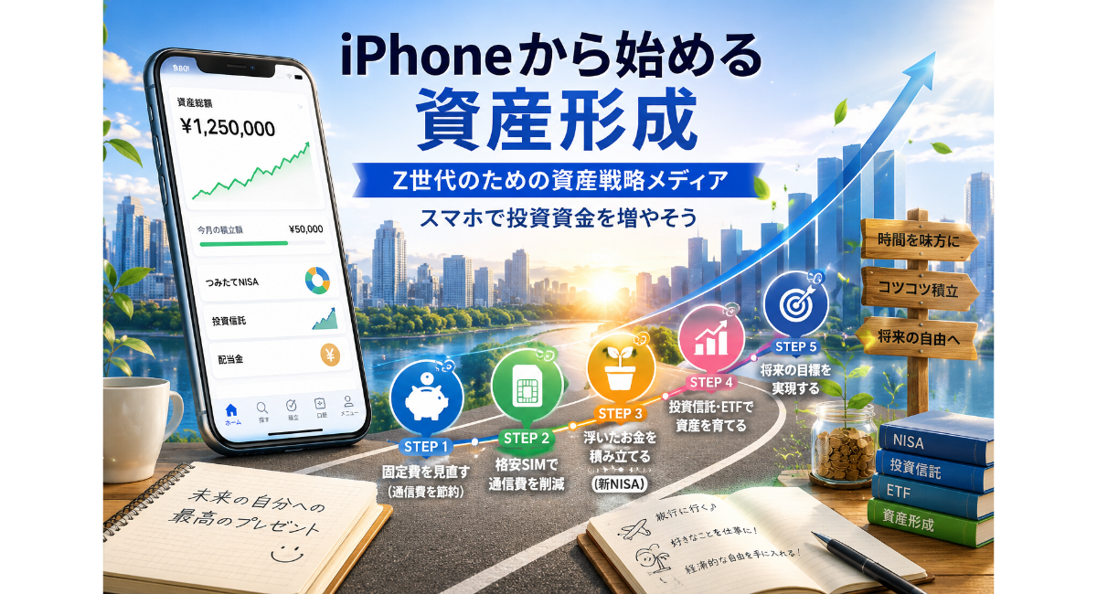 iPhoneから始める資産形成ロードマップを表現したイメージ画像。通信費節約、格安SIM、新NISA、投資信託・ETFを経て資産形成へ進む流れを上昇チャートとステップ形式で表現。