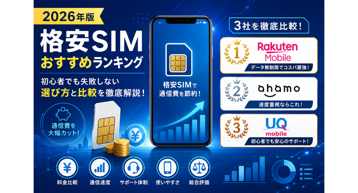 格安SIMおすすめランキング【2026年版】のアイキャッチ画像。スマホ、SIMカード、料金比較グラフを背景に、楽天モバイル・ahamo・UQモバイルを比較。初心者でも失敗しない格安SIMの選び方や料金・通信品質の違いを表現している。