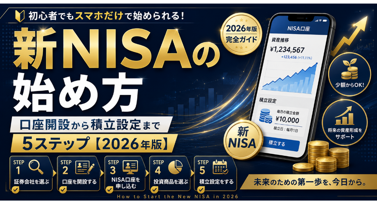 新NISAの始め方を初心者向けに解説｜口座開設から積立設定まで5ステップ【2026年版】をテーマにしたアイキャッチ画像。ネイビーとゴールドのデザインにスマートフォン、証券口座、積立投資、資産形成グラフ、コインを配置し、初心者でもスマホだけで始められる新NISAの手順を表現している。