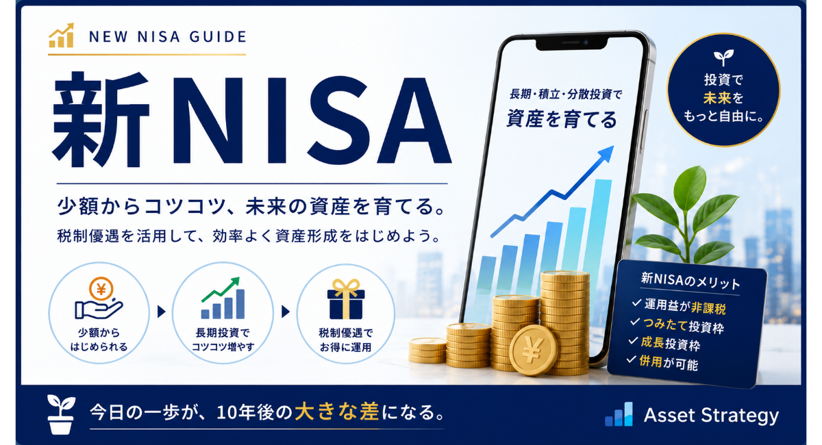新NISAをテーマにしたカテゴリー画像。スマートフォンの上昇チャート、積み上がるコイン、成長する植物を配置し、長期・積立・分散投資による資産形成を表現。