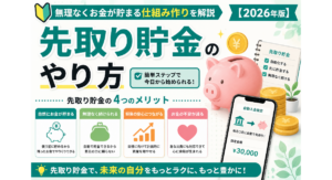 先取り貯金のやり方やメリットを初心者向けに解説する2026年版の記事アイキャッチ画像。貯金箱や自動積立設定のスマートフォン画面を使い、お金が自然と貯まる仕組み作りや資産形成の第一歩をわかりやすく表現している。