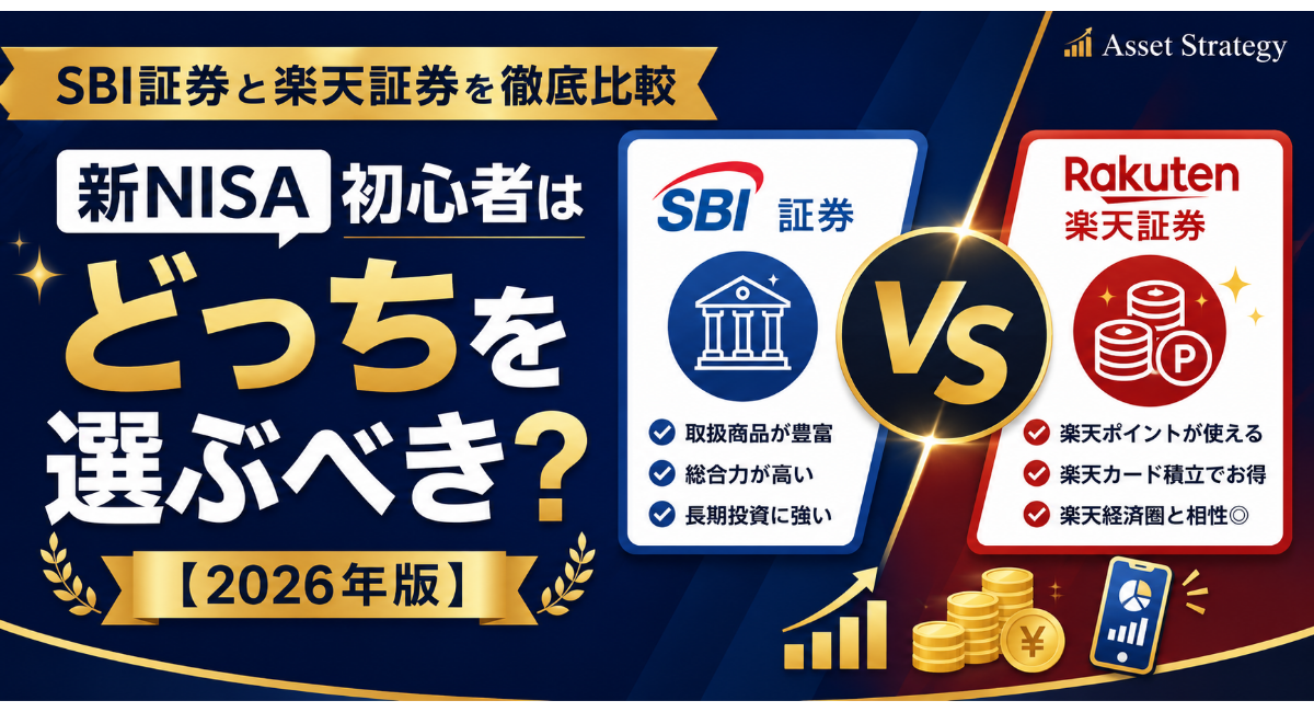 SBI証券と楽天証券を徹底比較する2026年版アイキャッチ画像。ネイビーとゴールドを基調に、新NISA初心者向けの証券会社比較、資産形成、投資スタートをイメージしたデザイン。