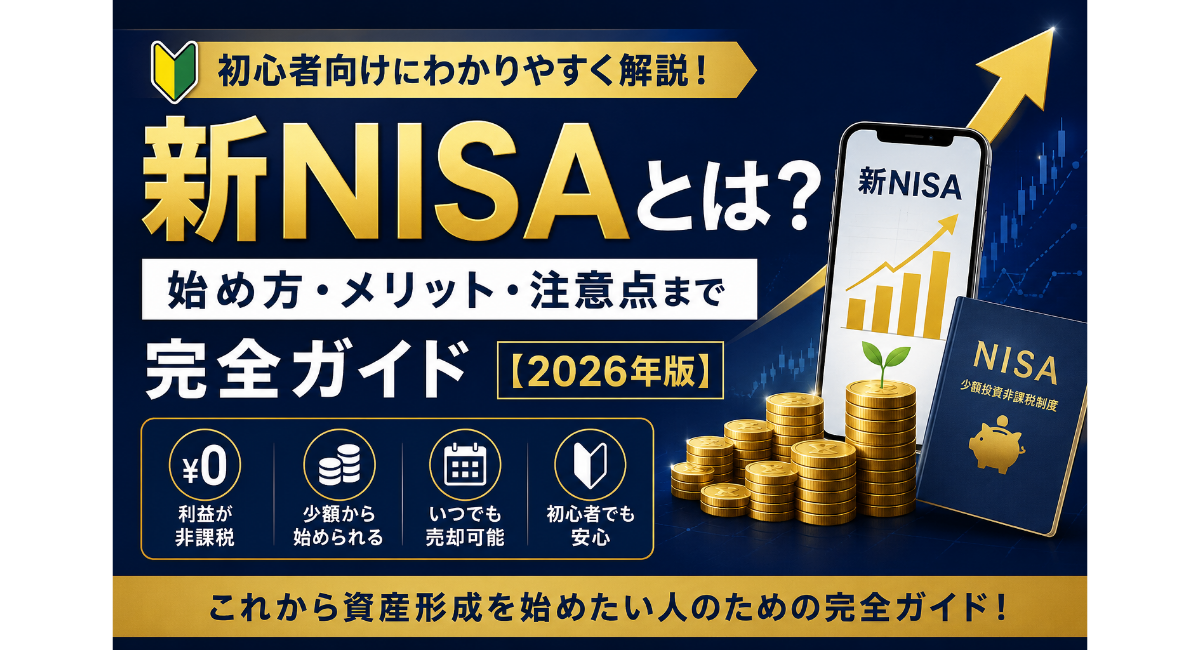 新NISAとは？初心者向けにわかりやすく解説｜始め方・メリット・注意点まで完全ガイドをテーマにしたアイキャッチ画像。ネイビーとゴールドのデザインにコイン、資産形成グラフ、スマートフォン、非課税投資を表すアイコンを配置し、初心者向けの新NISA入門ガイドを表現している。