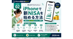 iPhone資産形成ガイド」シリーズ第2回 『STEP2 新NISAの始め方や口座設定、積立投資の手順』のアイキャッチ画像。iPhoneで新NISAを始める方法を初心者向けにわかりやすく解説した2026年版のインフォグラフィック。