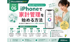 iPhone資産形成ガイド」シリーズ第6回『STEP6 iPhoneで家計管理を始める方法』のアイキャッチ画像。家計簿アプリを活用した家計管理の始め方や支出管理、節約につながる基本的な使い方を初心者向けにわかりやすく解説した2026年版のインフォグラフィック。