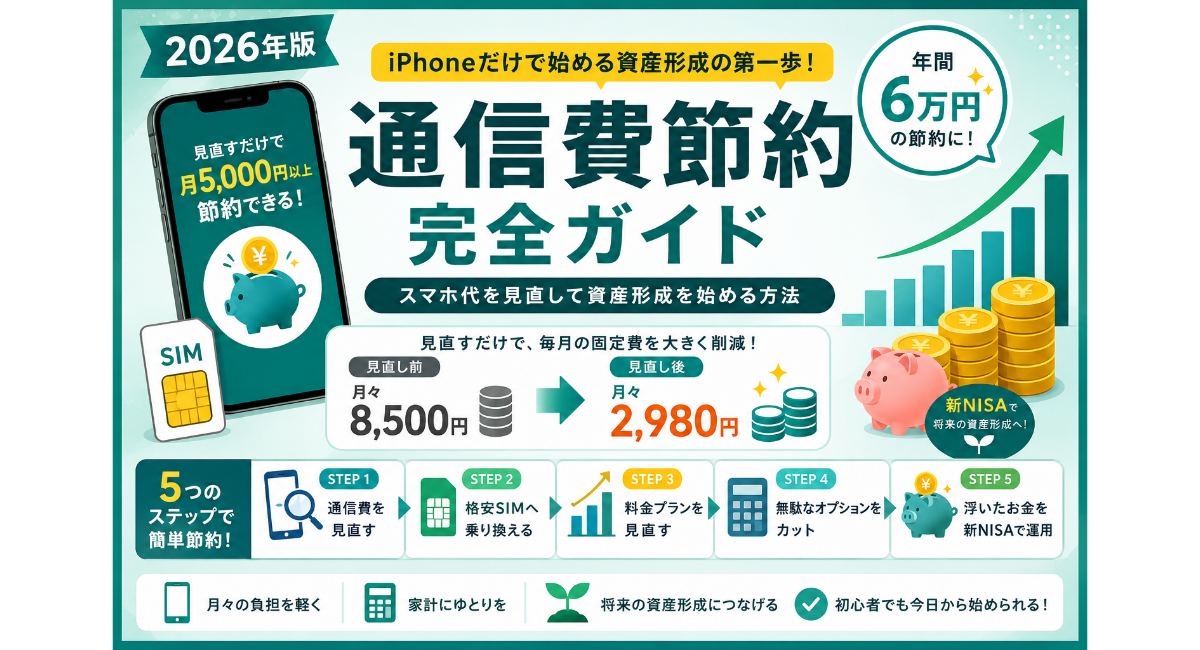 通信費節約完全ガイドのアイキャッチ画像。スマホ代の見直しから格安SIM、新NISAによる資産形成までの5ステップを初心者向けにわかりやすく紹介。