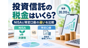 投資信託の税金とNISA・特定口座の違いを比較したイメージ画像。20.315％の税率、NISAの非課税、特定口座の税金管理をスマートフォンや資産グラフで表現。