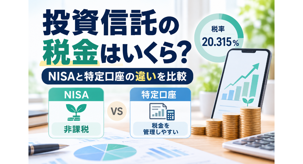 投資信託の税金とNISA・特定口座の違いを比較したイメージ画像。20.315％の税率、NISAの非課税、特定口座の税金管理をスマートフォンや資産グラフで表現。