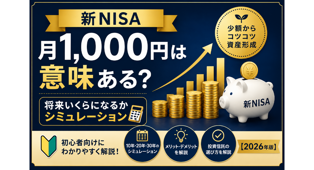 新NISAで月1,000円を積み立てる意味と将来の資産額を解説する2026年版のアイキャッチ画像。10年・20年・30年後のシミュレーション、月1,000円から始めるメリット・デメリット、投資信託の選び方を紹介。